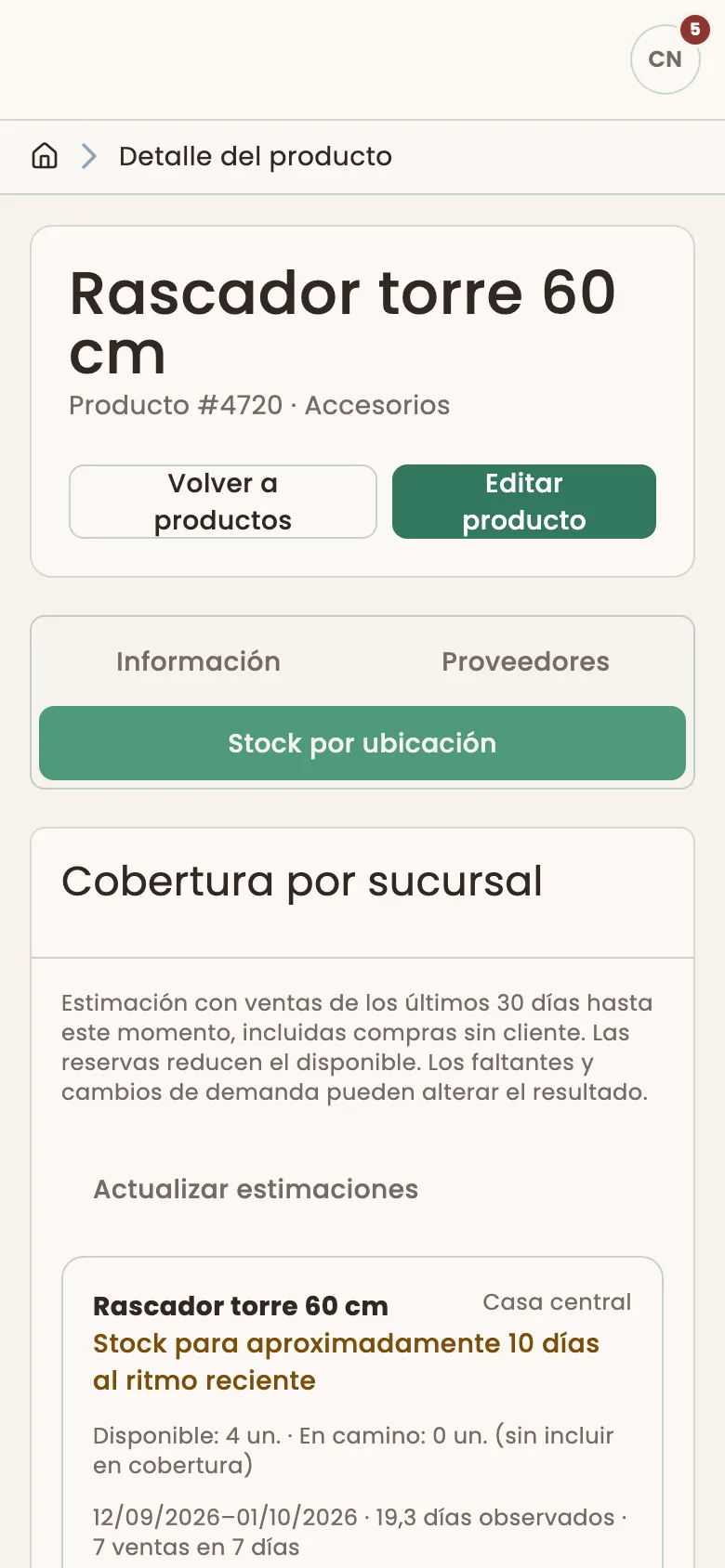 Stock para revisar en Petloop, visto desde el celular